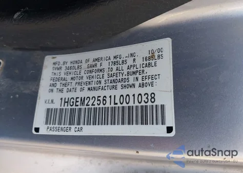 2001 Honda Civic Lx from USA, damaged, VIN 1HGEM22561L001038